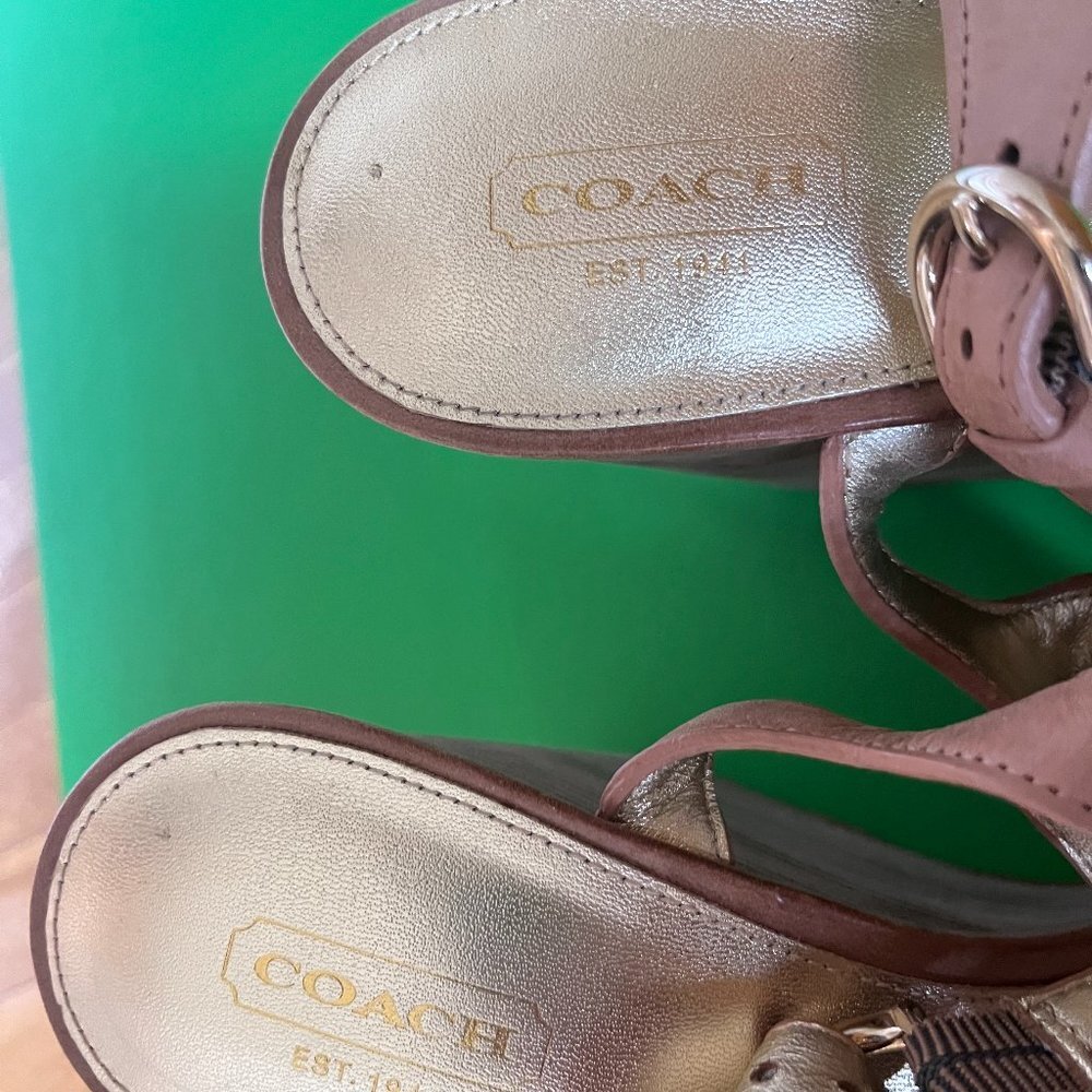 COACH Hanson Platform Wedge Sandals US 11 Gold Tan Canvas Jeweled - Picture 3 of 6